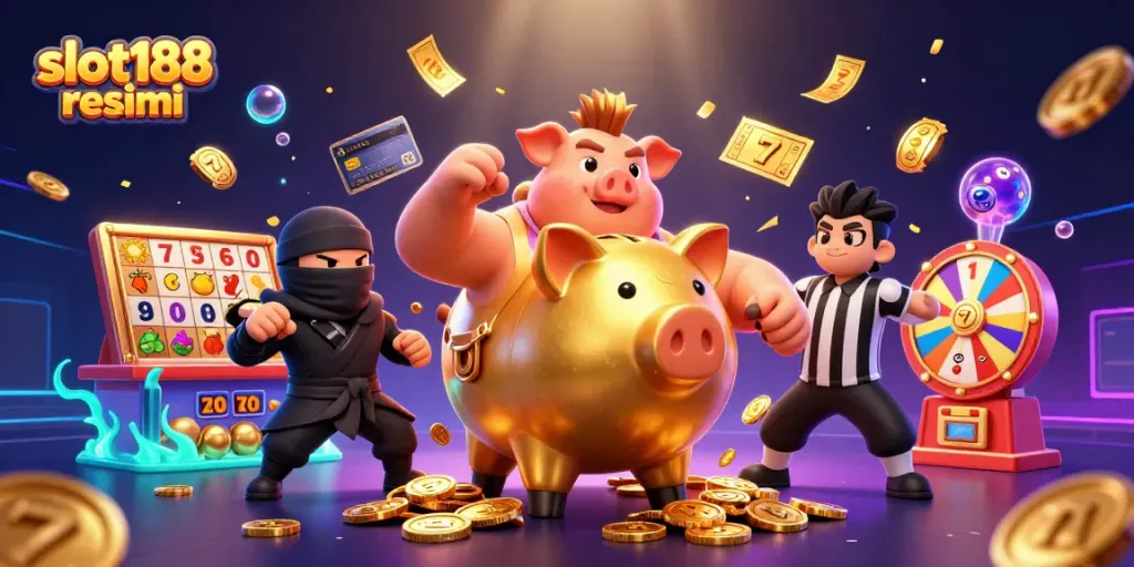 Memutar koin emas, slot188 resmi menampilkan karakter menarik seperti bank piggy sumo yang memikat pemain.