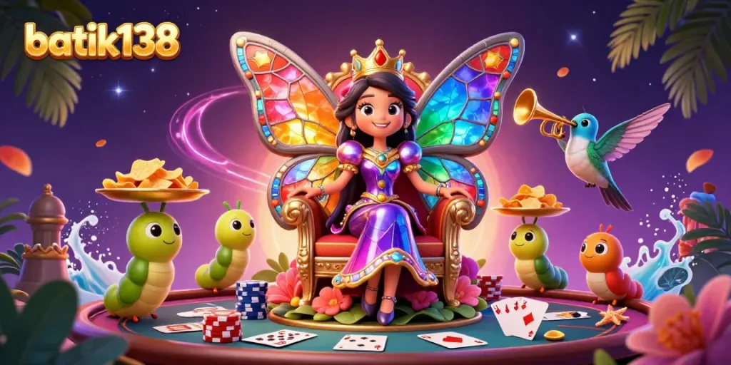 Menggandeng dunia permainan judi, batik138 menampilkan ratu kupu-kupu 3D dengan warna kaca patri dan chip poker.