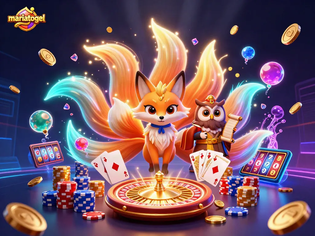 Experience thrilling casino action with mariatogel featuring a glowing nine-tailed fox and wise owl in a rich, dynamic 3D illustration.