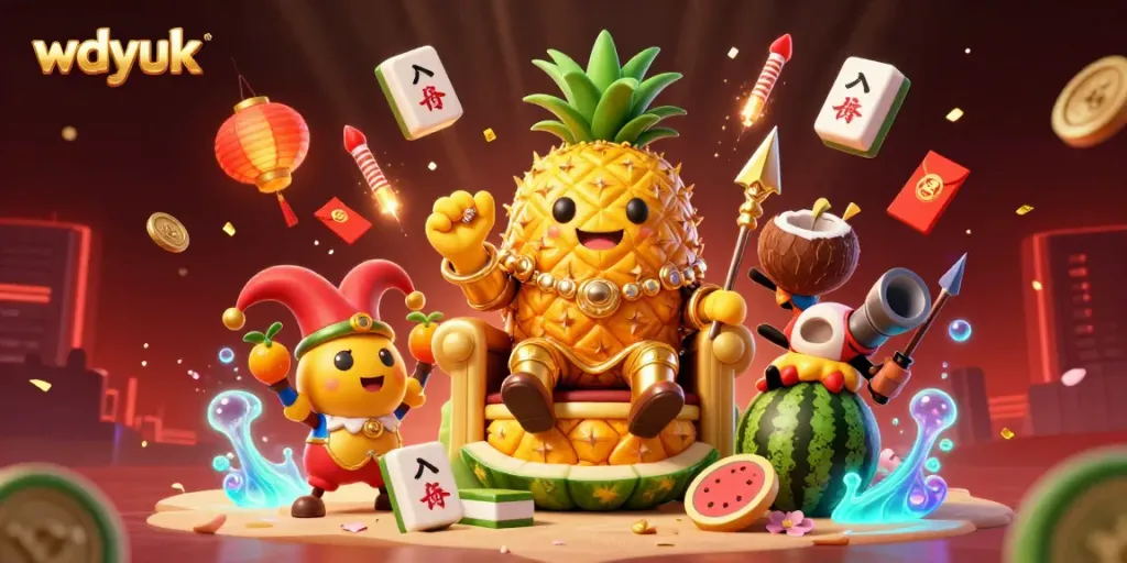 Experience the vibrant casino atmosphere with wdyuk as the golden pineapple king rules the scene amidst festive elements.