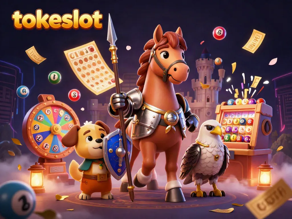 Win big at Tokeslot with a vibrant and dynamic 3D casino scene featuring knights and casino games.