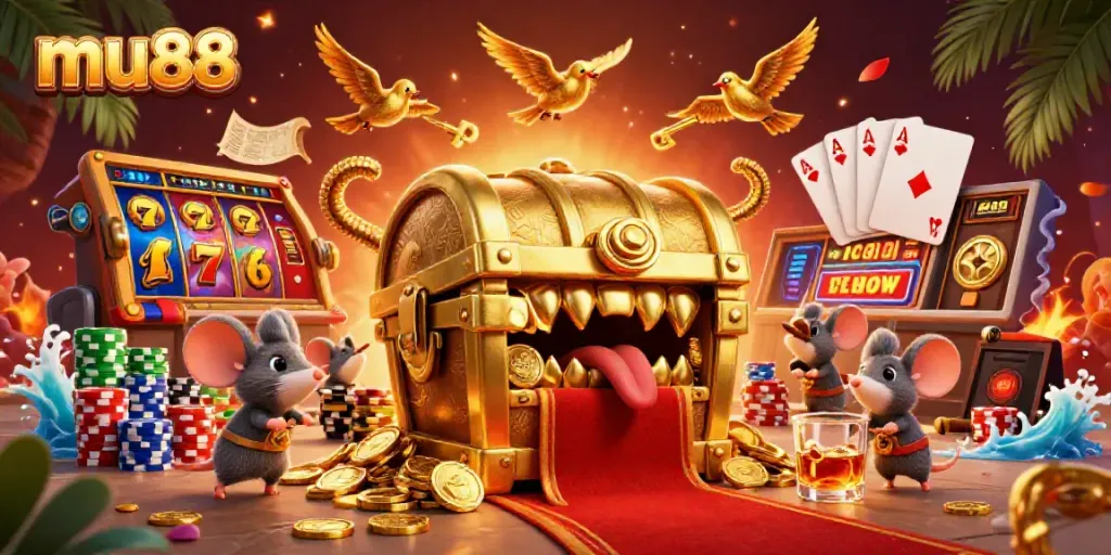 Engage with mu88 illustrated gaming scene featuring a golden treasure chest and celebratory slot elements.