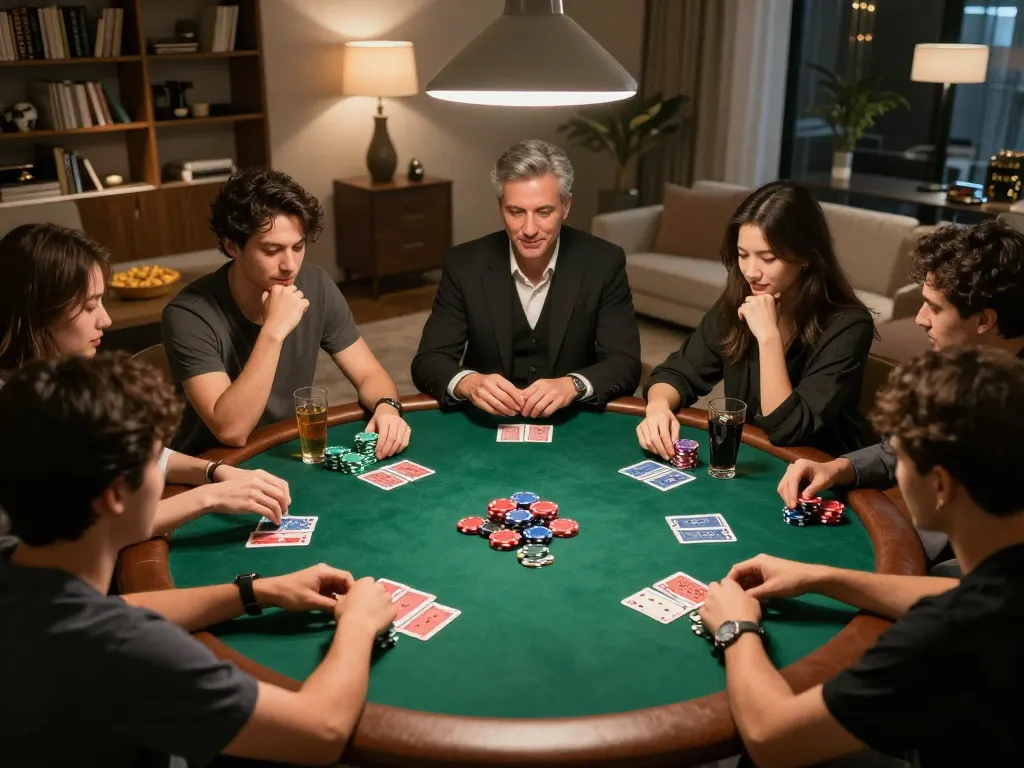 Pemain yang terlibat menikmati poker dengan tautan m88 di lingkungan rumah yang cerah, menangkap permainan strategis.