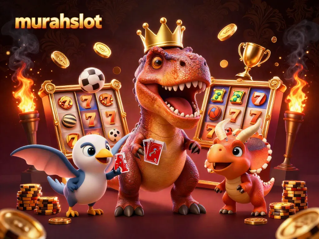 Slot online Murahslot dengan T-Rex yang lucu sedang bermain kartu di tengah hiasan emas dan simbol jackpot.