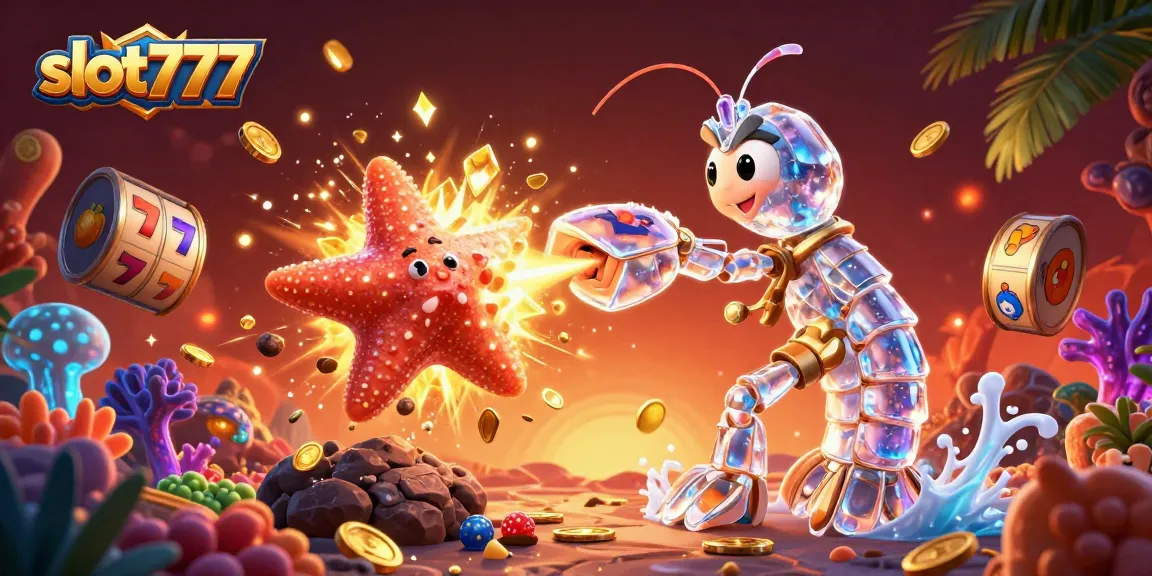 Engage with slot777 games in a vibrant 3D illustration featuring slot reels and gem-filled scenes.