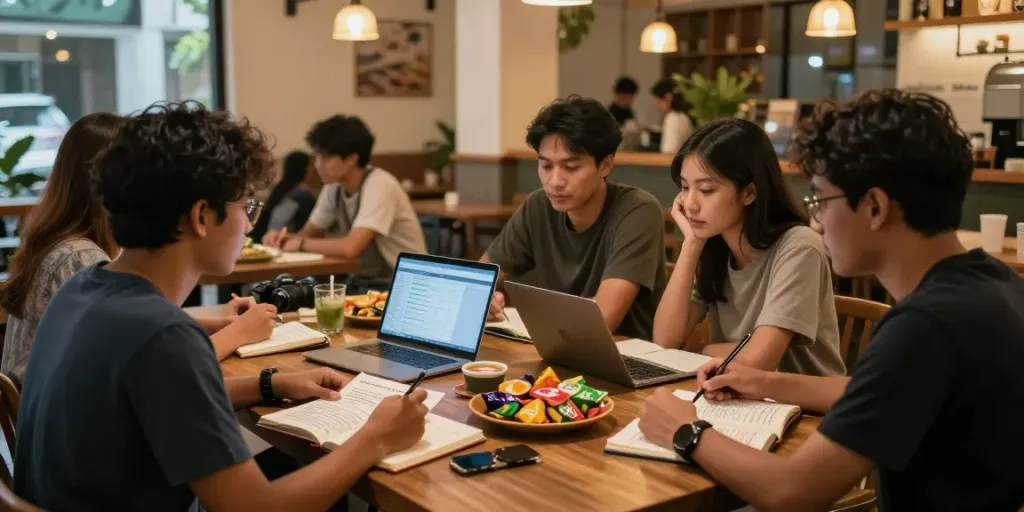 Situasi diskusi tips togel di kafe dengan teman-teman menggunakan bukumimpi138 link untuk strategi menang.