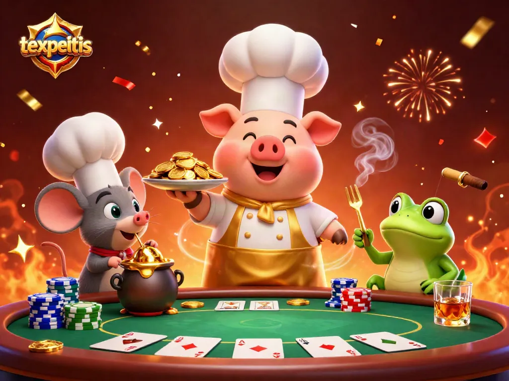 texpertis enhances gambling fun with a lively scene of a pig chef, mouse sous-chef, and frog critic.