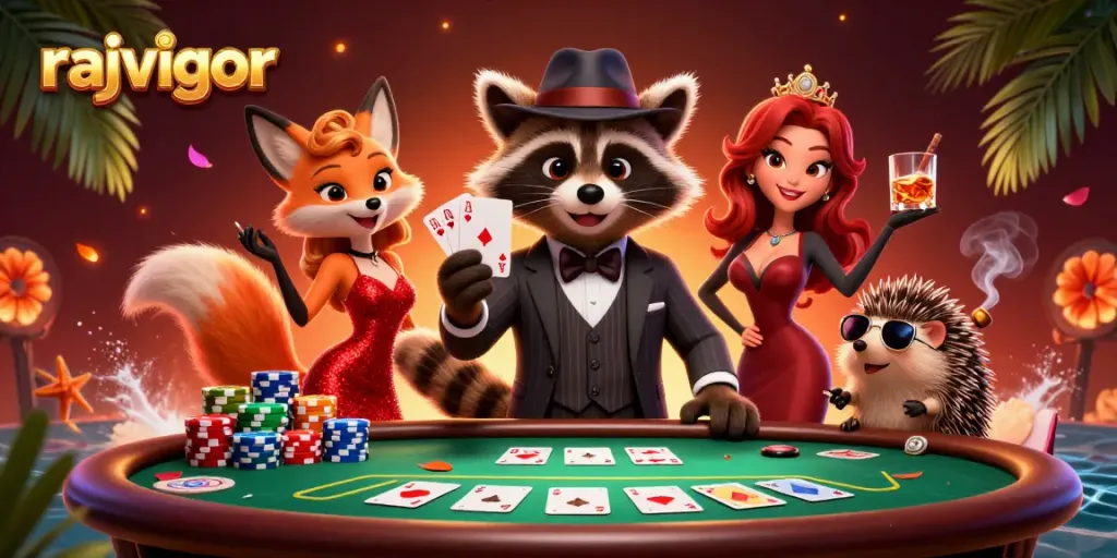 Experience the excitement of rajavigor with a charismatic raccoon holding a royal flush at a vibrant poker table.