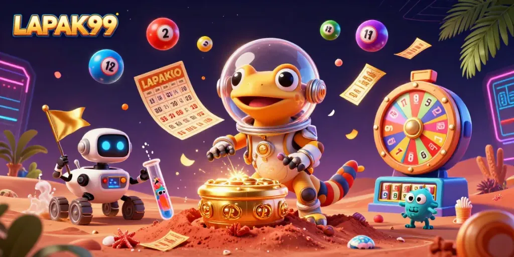 LAPAK99 brings excitement to online gaming with a dynamic 3D Martian gecko illustration featuring lottery and casino elements.