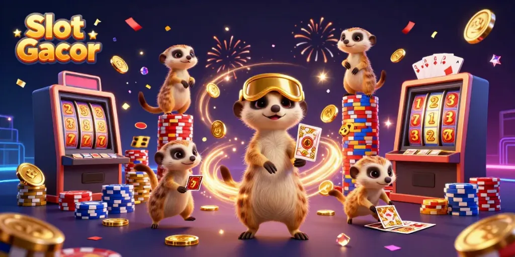 Slot Gacor menggambarkan koloni meerkat menjalankan operasi kasino dengan penuh semangat dan visual yang menawan.