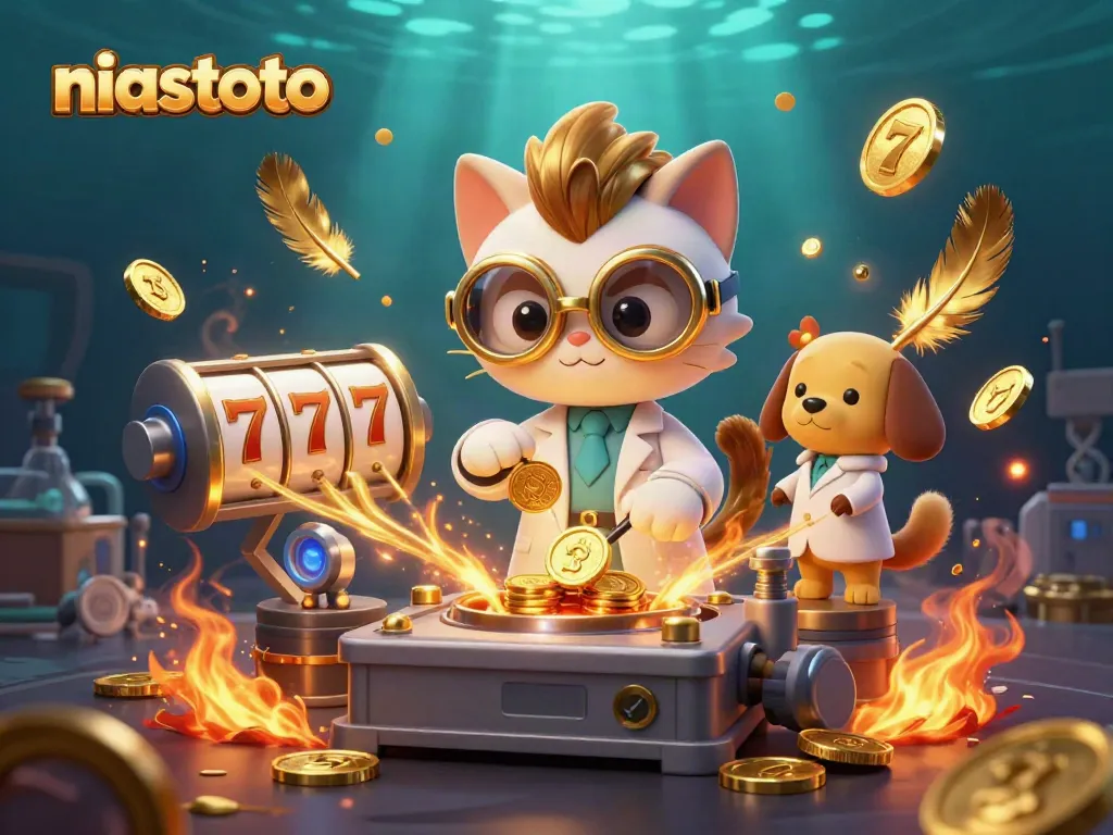 Gandakan koin emas di casino berlatar belakang niastoto dengan karakter ilmuwan kucing 3D