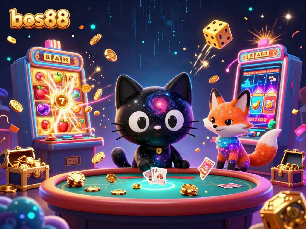 The black hole cat and colorful nebula fox enchanting players at the bos88 cosmic casino with thrilling jackpots and games.