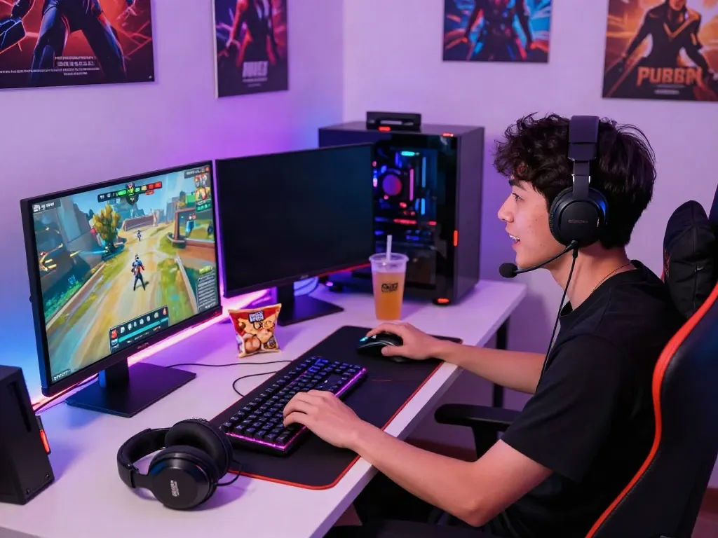 Player engaging with cikaslot gaming interface at a colorful gaming desk.