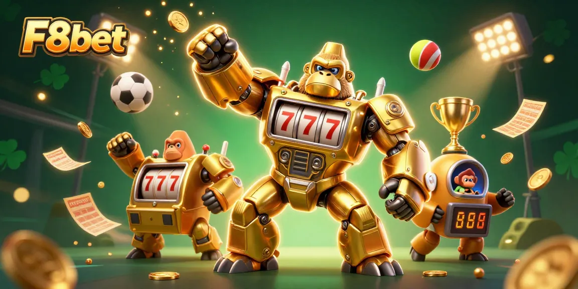 Experience thrilling gameplay with the F8bet golden mech surrounded by sports elements.