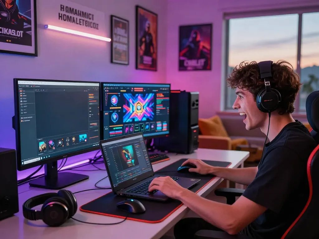 Engaging player immersed in cikaslot gaming with vibrant setup and accessories.