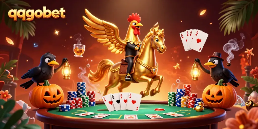 Experience the excitement of qqgobet with a dazzling 3D cartoon scene featuring a golden rooster in a casino.