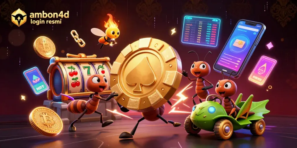 Engage in thrilling adventures with ambon4d login resmi featuring ants on a heist amidst glowing crypto elements.