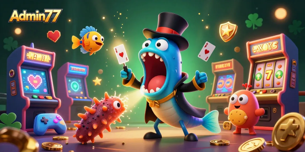 Experience exciting wins with Admin77's dynamic casino-themed illustration featuring a bioluminescent eel and games.