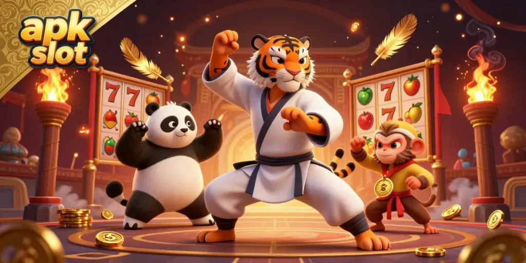 Gambarkan permainan apk slot dengan karakter kung fu yang menarik dan detail yang kaya.