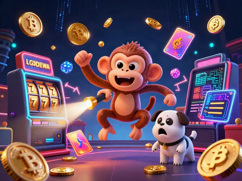 Experience the thrill of LGODEWA with a playful monkey juggling gold amidst a vibrant casino