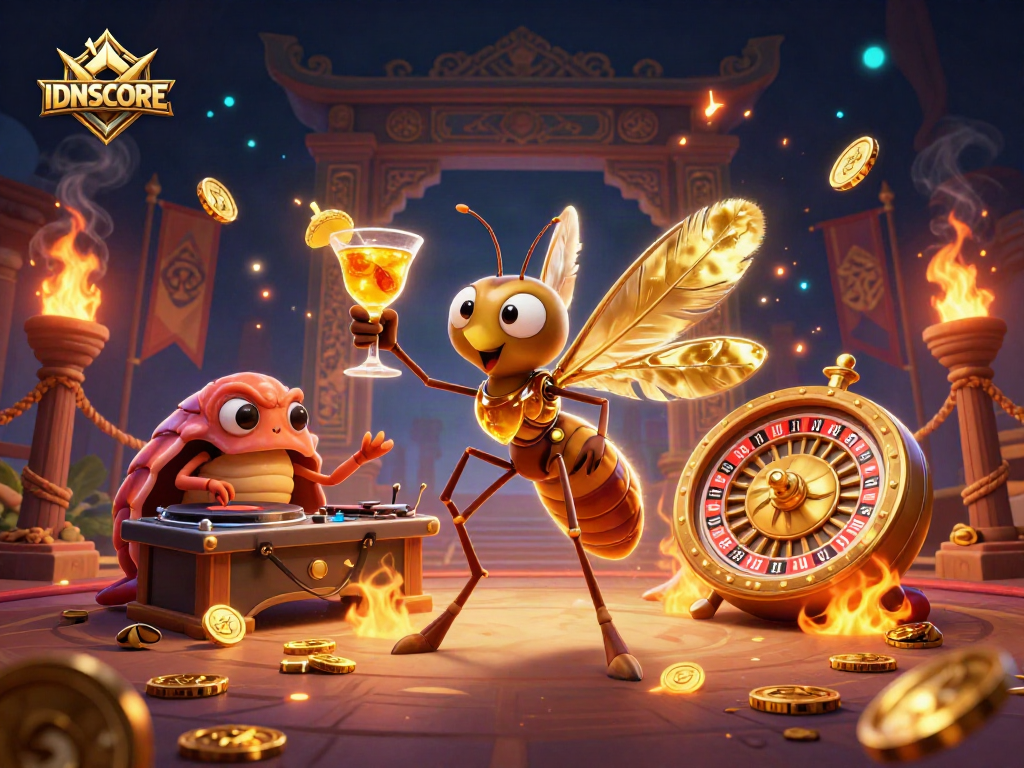 Experience IDNSCORE with a vibrant 3D casino scene showcasing lively characters and golden game elements.