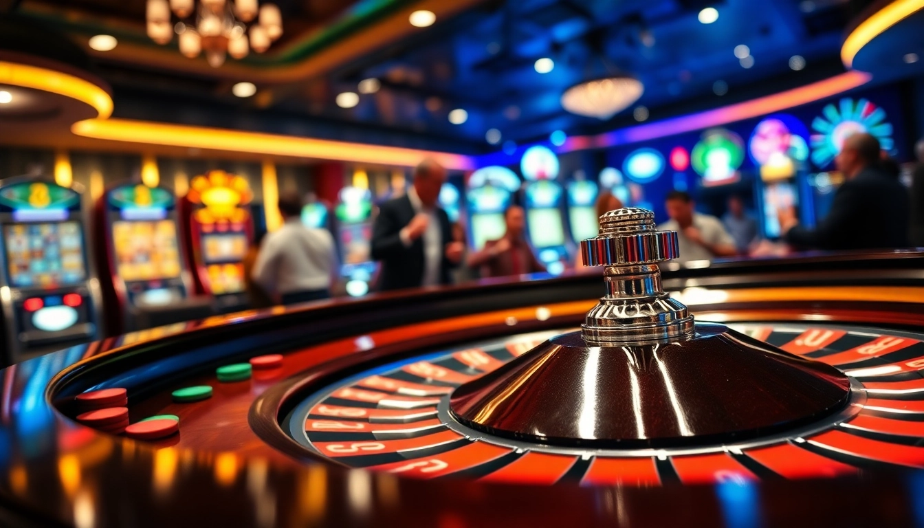 Menampilkan permainan toto dengan pemain terlibat di meja roulette yang menakjubkan.