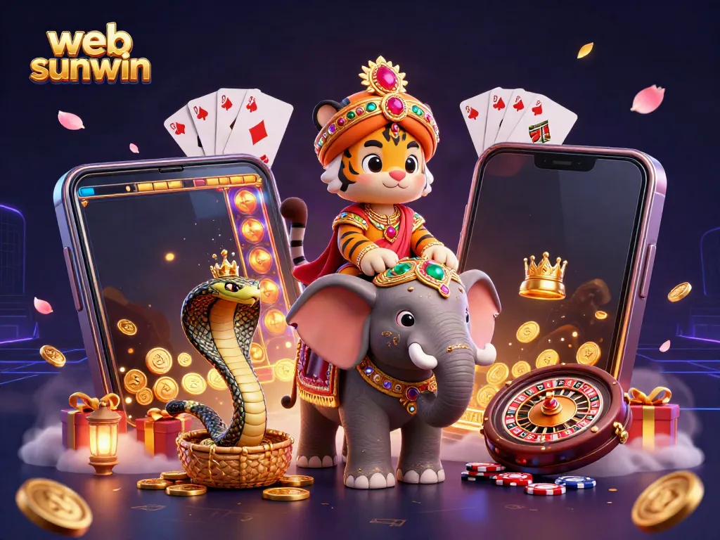 Experience web sunwin's vibrant gaming world with the maharaja tiger, elephant, and casino fun.