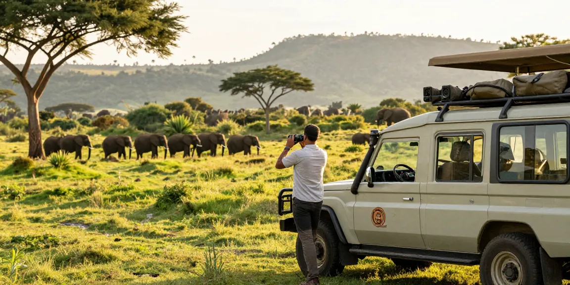 Best car hire Uganda with a traveler enjoying an adventure in a 4x4 vehicle amidst Uganda's stunning landscapes.