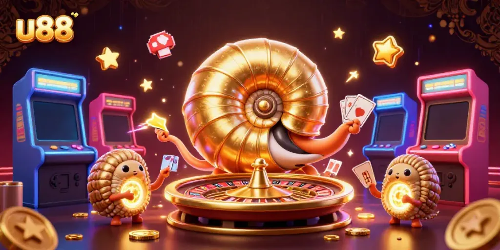 Win big with u88 in this vibrant 3D casino scene featuring a giant nautilus and glowing arcade elements.