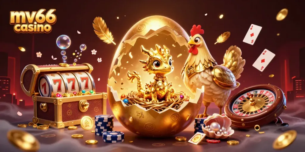 Experience the thrilling mv66 casino world with a golden dragon guarding rich poker chips and spinning reels.