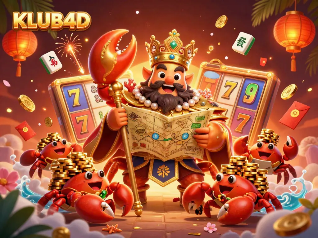 Menggali peluang kemenangan di KLUB4D dengan karakter crab emas di latar kasino yang riuh.