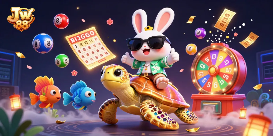 Engage with Jw 88 in a vibrant casino-themed illustration featuring lucky characters and exciting game elements.