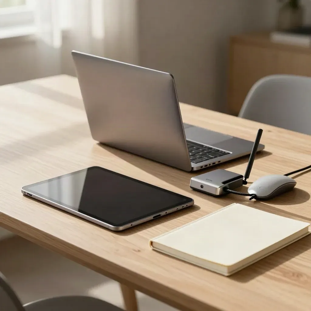 Kisah LMS dasar: laptop tertutup, tablet dock, router, mouse, dan buku catatan di meja kayu hangat.