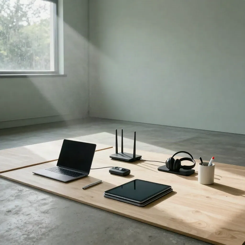 Ruang workshop EdTech modern dengan laptop, tablet, router, headset, dan cahaya pagi dramatis.