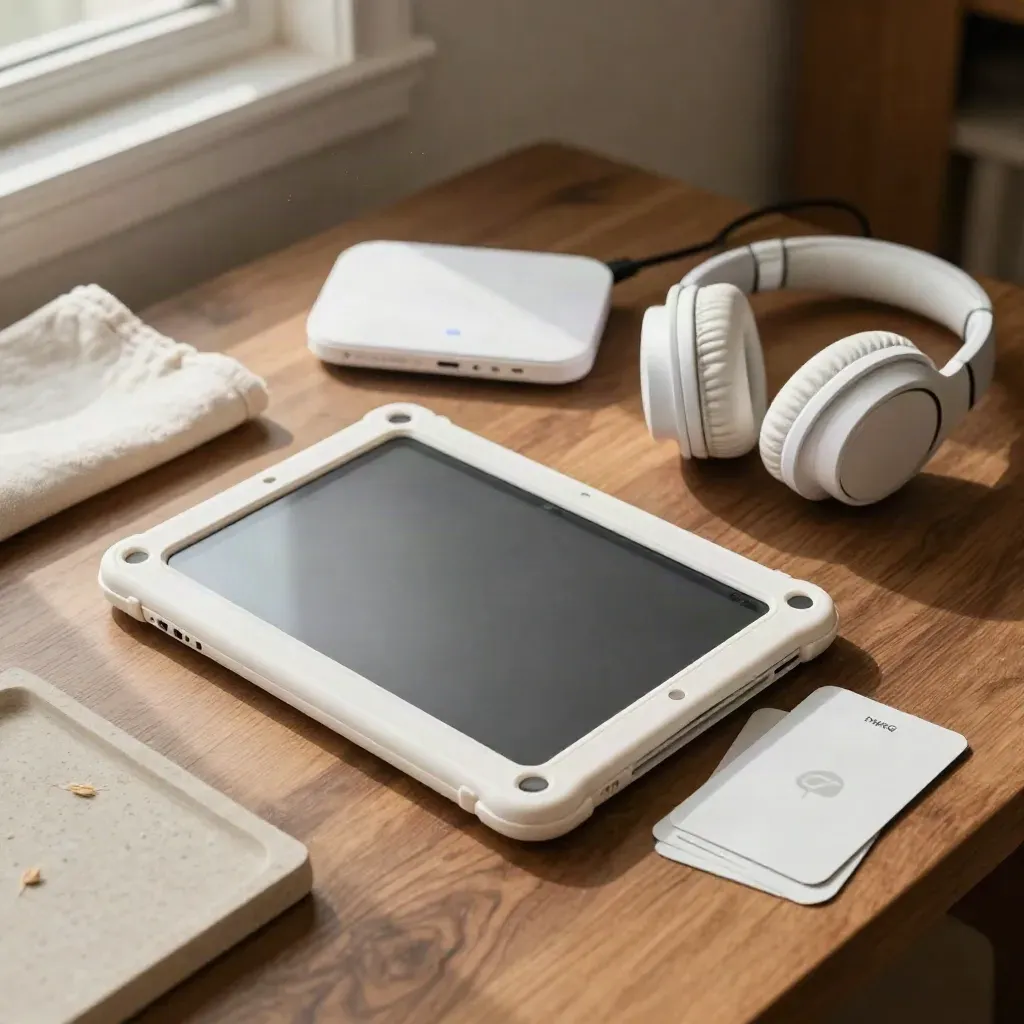 Kit literasi teknologi dengan tablet case putih, router, headphone, dan kartu aktivitas di meja kayu.