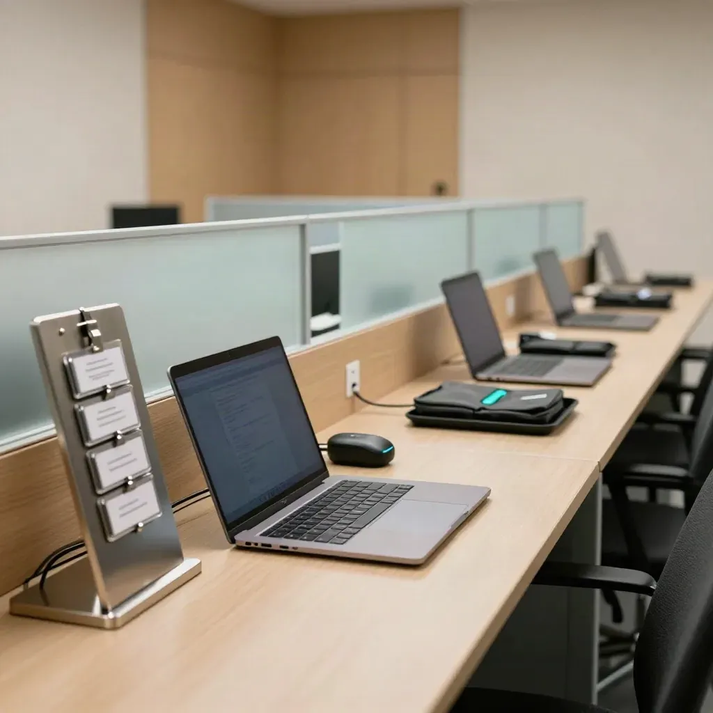 Stasiun onboarding karyawan dengan rak badge, laptop dock, keyboard nirkabel, dan pod charging rapi.