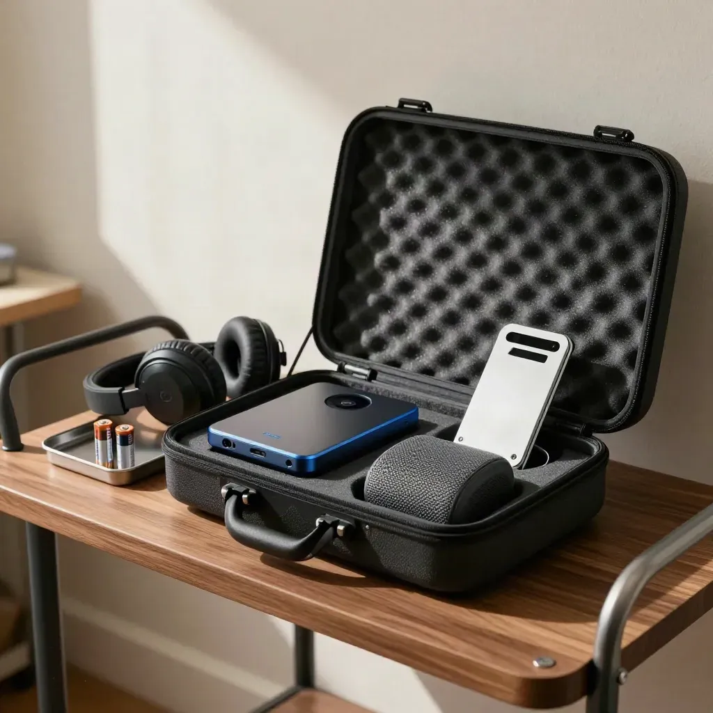 Kit LMS trainer di case kayu: presenter, headset, baterai, speaker mini, dan stand lipat.