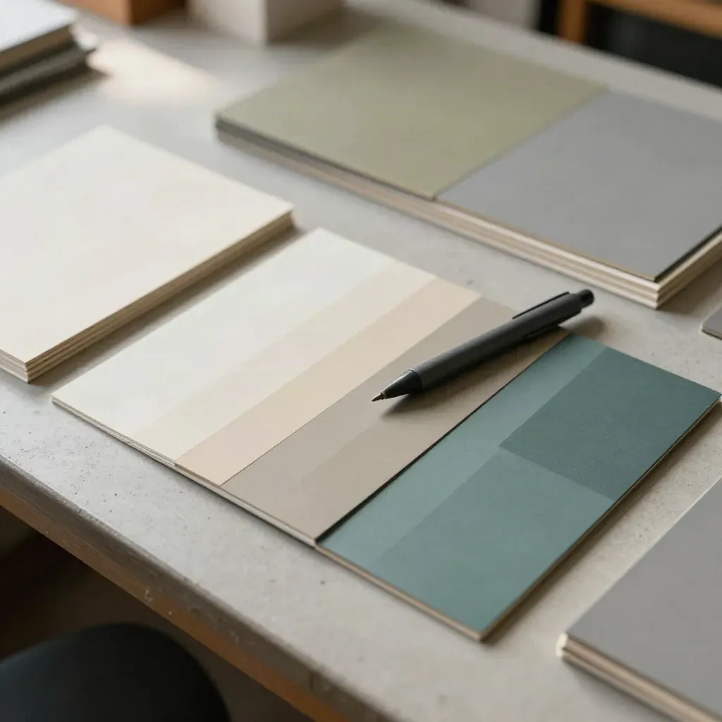 Close-up alat desainer materi: stylus, tablet gambar, sampel kertas, dan board layout.