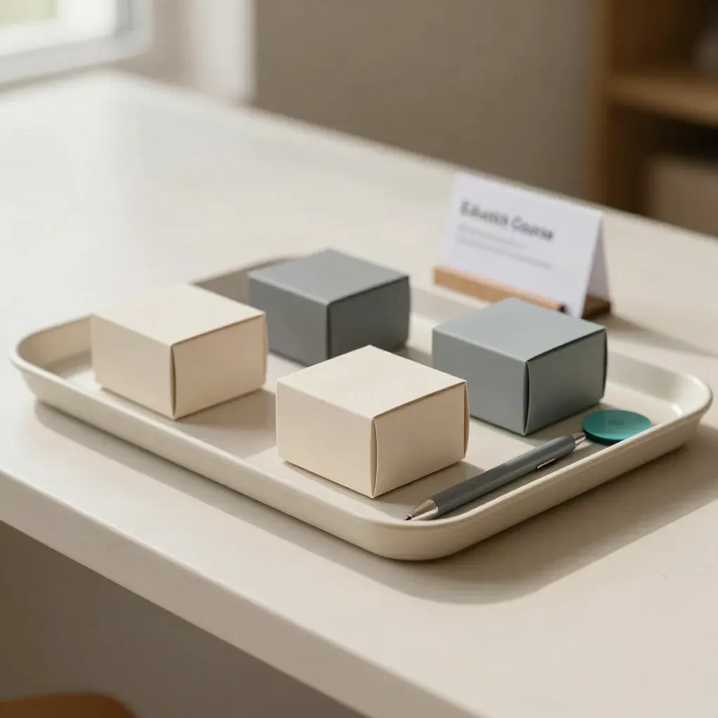Tray pilihan paket kursus dengan tiga kotak, pena, dan token teal di atas plaster.