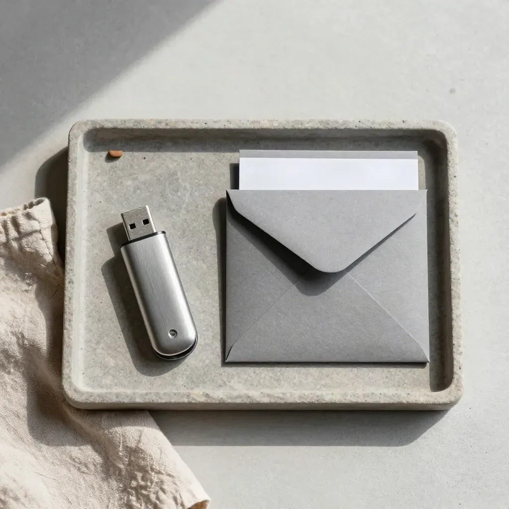 Flatlay tray berisi USB, kotak arsip, sleeve amplop, dan kartu cadangan di atas beton netral.