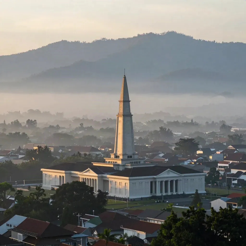 Gedung Sate di atas kabut Bandung dengan pegunungan lembut di kejauhan.