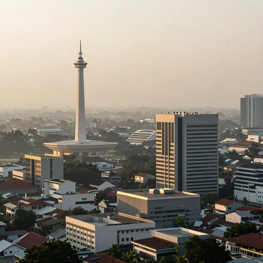 Monas di atas cakrawala Jakarta dalam kabut hangat pagi