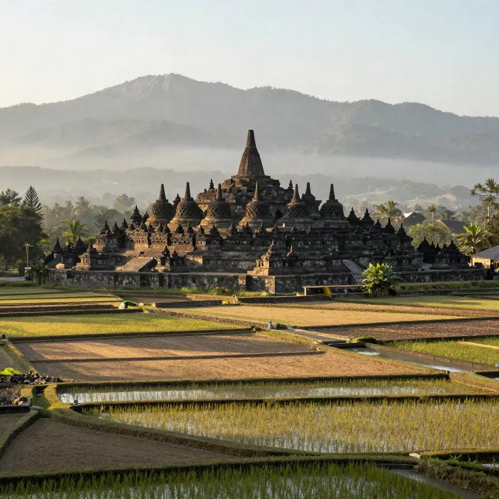 Borobudur disinari matahari pagi di atas sawah hijau dan siluet gunung berkabut.