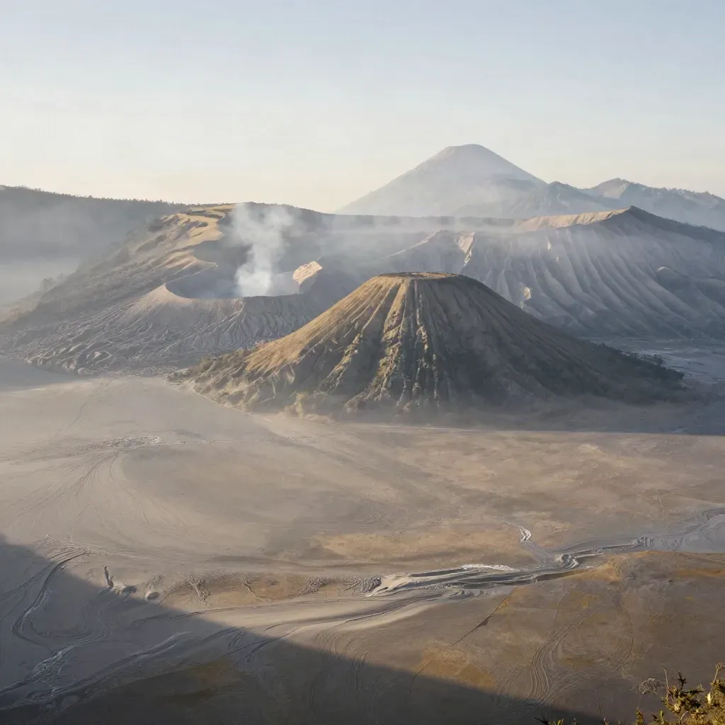 Lanskap Bromo di Jawa Timur saat fajar, lautan pasir berkabut dan kawah di kejauhan.