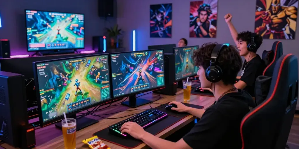Pengalaman bermain natunatoto dengan pemain terlibat dalam permainan online yang mendebarkan di ruang game modern.