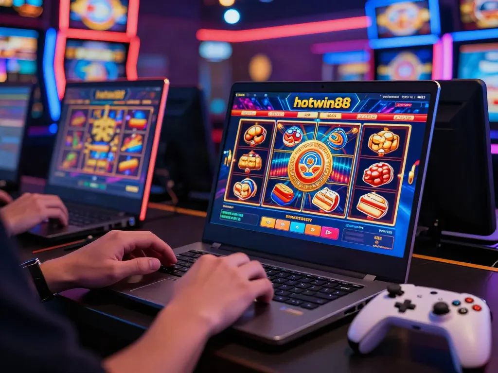 Pengguna bermain slot gacor online hotwin88 dengan laptop dan aplikasi di smartphone di suasana kasino yang cerah.