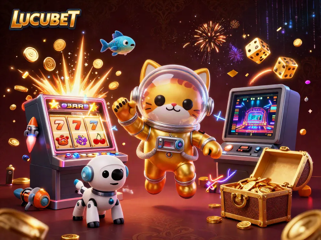 LUCUBET showcases a vibrant scene with a space cat and dog amidst a jackpot explosion.