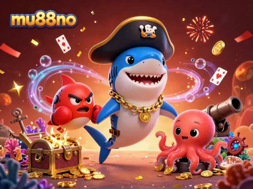 Join the thrilling adventure at mu88no with a vibrant 3D illustration featuring a pirate shark, pufferfish boxer, and coin-holding octopus in a dynamic casino scene.