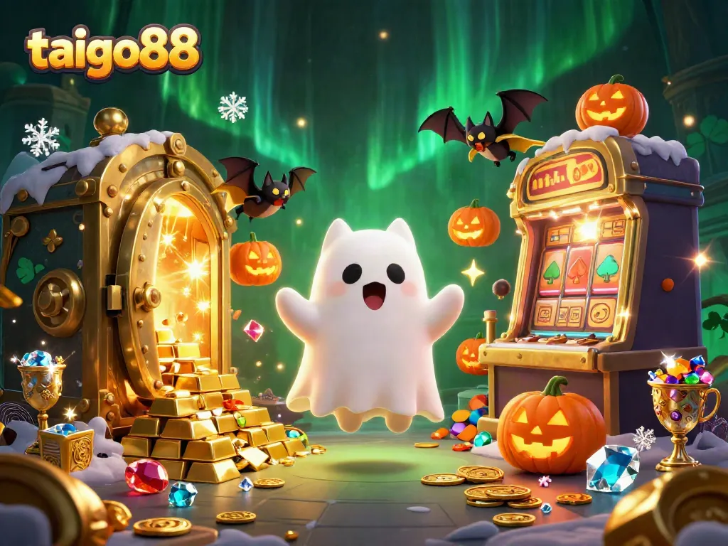 Engage with taigo88's vibrant casino experience featuring a ghost cat and treasures in a haunted scene.