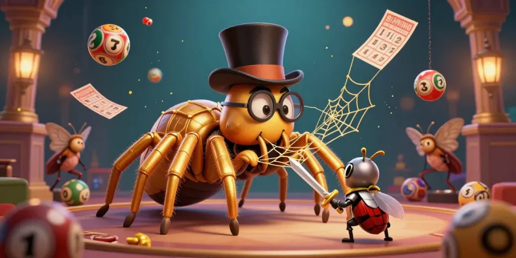 Pohon4d engages players with lively lottery visuals, featuring a golden tarantula and beetle knight.